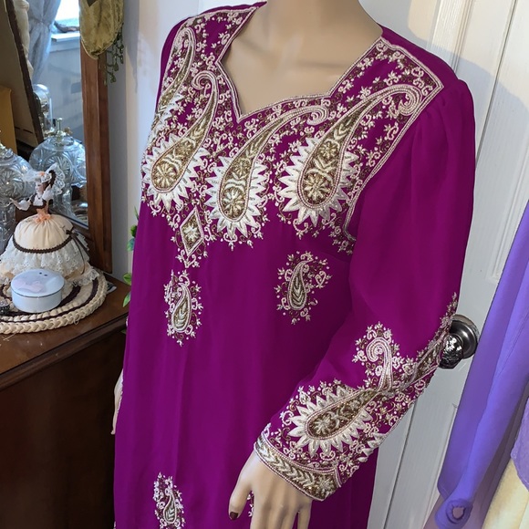 Vintage beaded magenta purple puff sleeve Punjabi Ethnic party dress S M - Picture 5 of 11